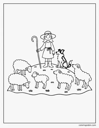 Shepherd with Her Flock coloring page
