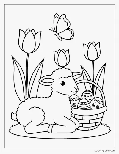 Spring Lamb with Easter Eggs coloring page