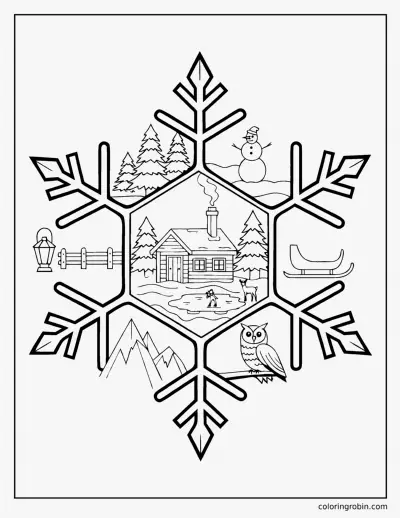 Winter World Inside a Snowflake coloring page