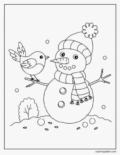 Snowman and a Robin coloring page