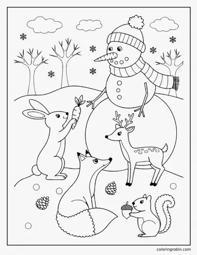 Snowman and Woodland Friends coloring page