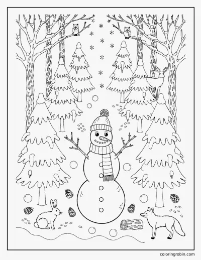 Snowman in a Snowy Forest coloring page