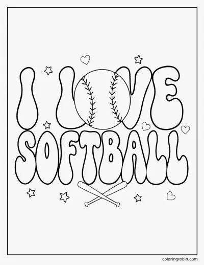I Love Softball Lettering coloring page