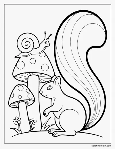 Squirrel and Mushrooms coloring page