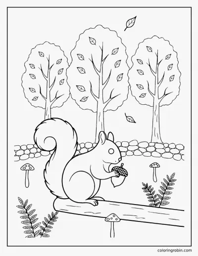 Squirrel in an Autumn Scene coloring page