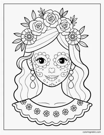Girl with Sugar Skull Face Paint coloring page