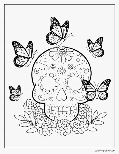 Monarch Butterflies and Sugar Skull coloring page