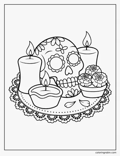 Sugar Skull with Candles and Marigolds coloring page