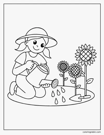 Girl Watering Sunflowers coloring page