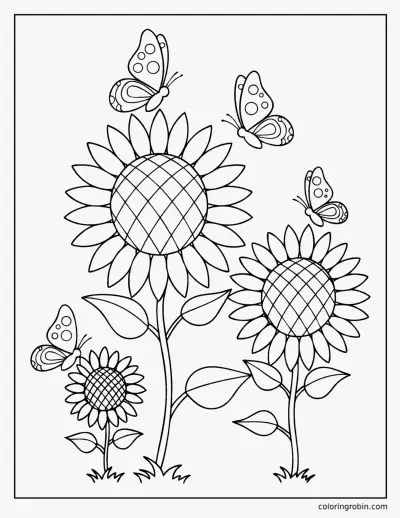 Sunflowers and Butterflies coloring page