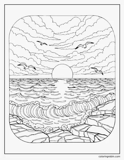Realistic Ocean Sunset coloring page