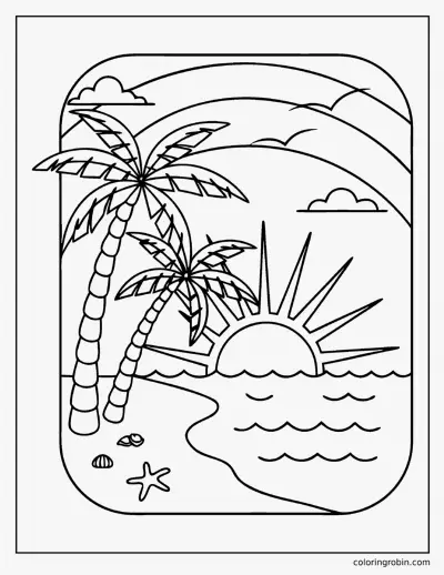 Sunset with Palm Trees coloring page