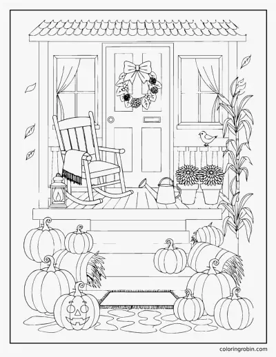 Autumn Porch with Pumpkins coloring page