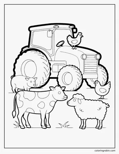 Tractor and Farm Animals coloring page