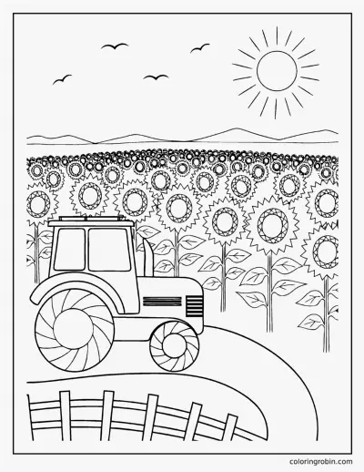 Tractor and Sunflowers coloring page