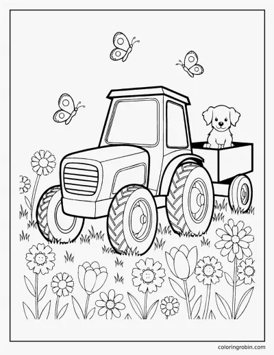 Tractor in a Flower Field coloring page