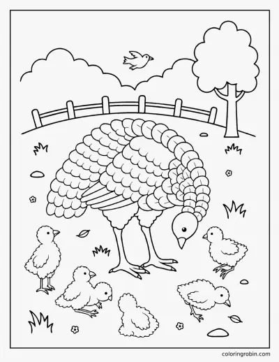 Turkey with Poults coloring page