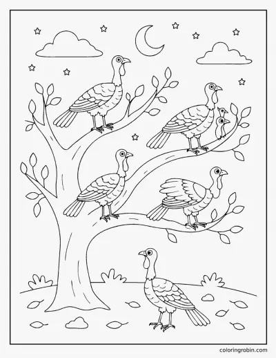 Turkeys Roosting in a Tree coloring page