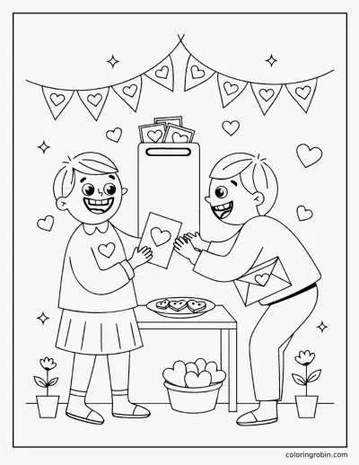 Children Swapping Valentine Cards coloring page