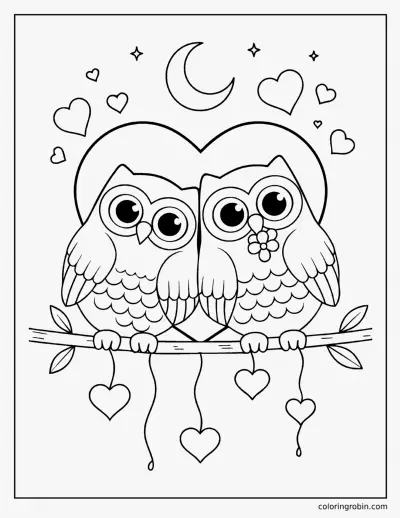Two Owls with a Heart coloring page