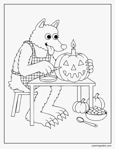 Werewolf Carving a Pumpkin coloring page