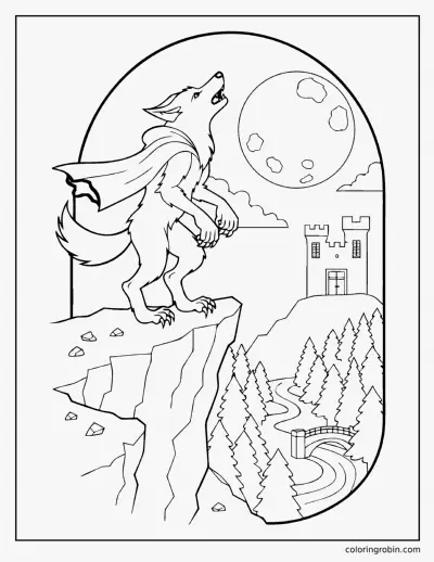 Werewolf Howling on a Cliff coloring page